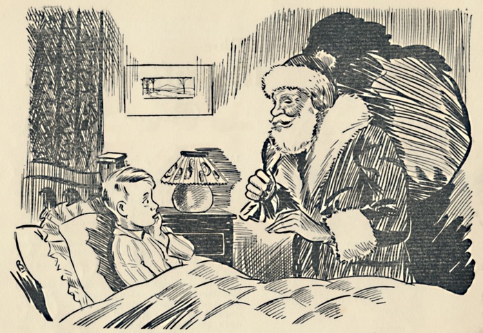 Illustration from  The Mystification of Santa Claus , 1936. Creator: Unknown. Illustration from  The Mystification of Santa Claus , 1936. Small boy in bed, waking up to see Father Christmas. Story by Rudyard Kipling, from  quot The Civil and Military Gazette quot  Annual, 1936.  India, 1936 