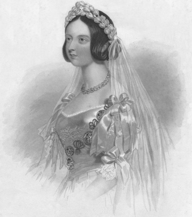  The Queen in her Bridal Dress , 1840. Creator: William Henry Mote.  The Queen in her Bridal Dress , 1840. Portrait of Victoria, Queen of Great Britain and Ireland  1819 1901  wearing her lace trimmed wedding dress and veil. She chose handmade Honiton lace in order to stimulate and support the English lace industry which had been in decline due to the advent of machine lace, causing widespread poverty and unemployment among skilled artisans. Victoria married Prince Albert in the Chapel Royal at St James s Palace, Westminster, London, on 10 February 1840.  John Tallis  amp  Company, London  amp  New York 