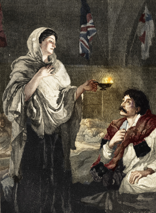'The Lady with the Lamp', c1880. Florence Nightingale doing her night rounds in the British military hospital at Scutari. In 1854, during the Crimean War (1853-1856), Sidney Herbert, Secretary of State for War, appointed the English nurse Florence Nightingale (1820-1910), a family friend, to introduce female nurses into the British military hospitals in the Crimea. Until the end of the war she worked tirelessly to improve conditions. (Colorised black and white print).