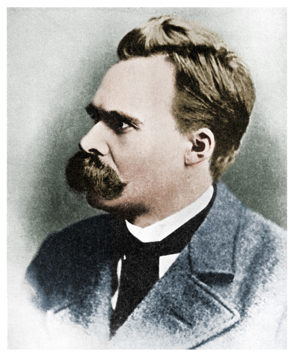 Friedrich Nietzsche  unknown date   Superman : Friedrich Nietzsche, German philosopher, 19th century  1956 . Nietzsche  1844 1900  put forward the idea of the  bermensch  Superman  as an objective for humanity to aspire to in his book Thus Spoke Zarathustra, published in 1883. From the Picture Post Library. A print from  Ideas, a volume about the origin and early history of many things, common and less common, essential and inessential , by Readers Union The Grosvenor Press, London, 1956.  Colorised black and white print .