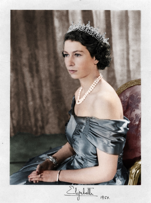 'Elizabeth', 1950. Her Royal Highness The Princess Elizabeth, Duchess of Edinburgh (later HM Queen Elizabeth II), wearing the 'Girls of Great Britain and Ireland Tiara', 1950. (Colorised black and white print).