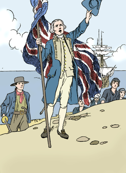 'Captain Cook Landing in Australia', 1912. Captain Cook (1728-1779) in naval uniform landing at Botany Bay on Sunday 29 April 1770. Cook made three voyages of discovery. On the first he observed the transit of Venus and charted the coasts of New Zealand and eastern Australia, claiming them for Britain, and on the second he explored the Southern Ocean. The main objective of his last voyage was to find a northern sea passage between the Pacific and Atlantic oceans. He was killed when a fight broke out with natives in Hawaii.From More About The Empire by Alice Talwin Morris. [Blackie and Son Limited, London, Glasgow and Bombay, 1912]. (Colorised black and white print).