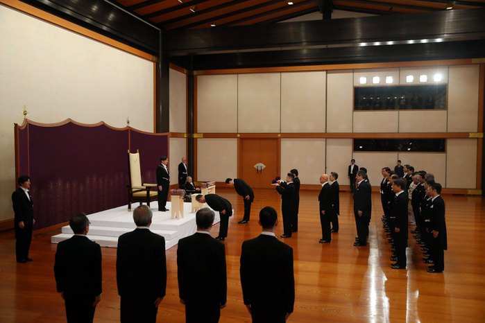 The new Emperor of Japan at the  Ceremony of the Succession of the Sword and Seal   Japanese only  The new Emperor of Japan attends the  Ceremony of Succession of the Sword and Seal, etc.  in the Pine Room of the Imperial Palace, May 1, 2019  10:32 a.m.   photo by Masahiro Ogawa.
