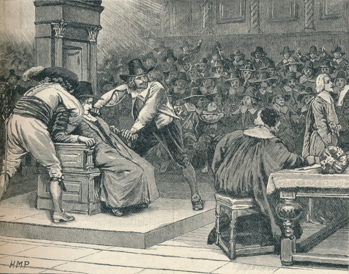 Scene in the House of Commons: the Speaker coerced, 1629 (1905). Members holding down the Speaker, Sir John Finch, in his chair while resolutions against King Charles I are read out. This led to Charles dissolving Parliament. Parliament would not sit again until 1640. From Cassell's History of England, Vol. II, [Cassell and Company, Limited, London, Paris, New York & Melbourne, 1905]