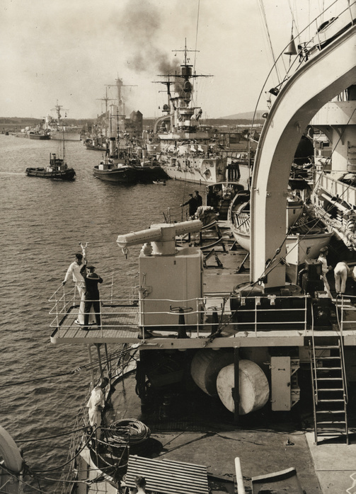 Mustang Collections German fleet visit in Swinoujscie . On 29th and 30th April in 1933, the German High Seas Fleet paid a visit by naval parade to Swinoujscie. Image shows view from the flagship SMS Schleswig Holstein, in the background the SMS Hessen and SMS Leipzig.