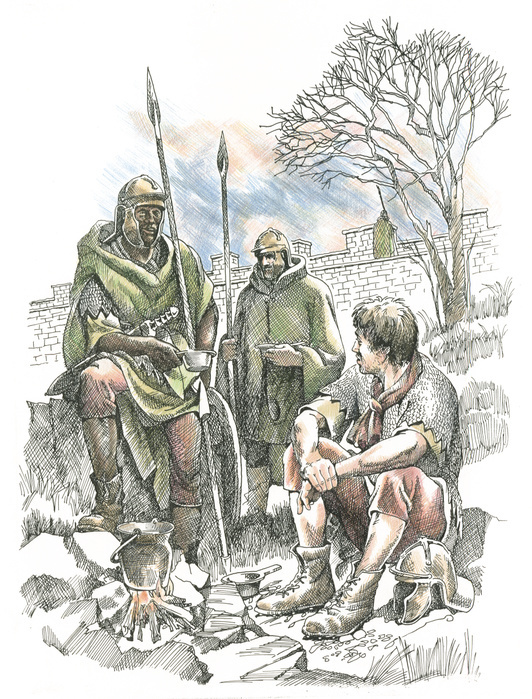 Hadrian's Wall, Northumberland, c2nd century, (c1990-2010). Reconstruction drawings showing Roman soldiers along the wall relaxing around a camp fire. A defensive fortification in the Roman province of Britannia, begun in 122 AD in the reign of the emperor Hadrian with a  fort about every five Roman miles. Designated as a UNESCO World Heritage Site