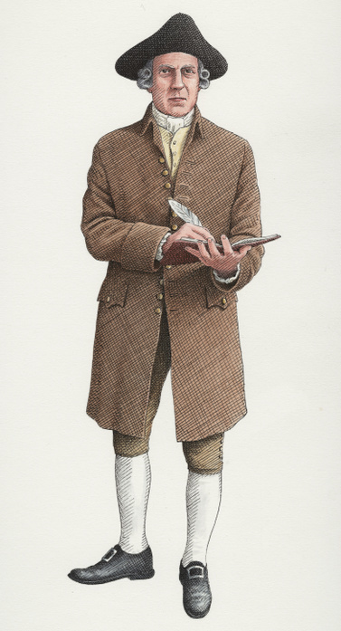 Abraham Tovey, master gunner, c1740, (c2000-2015). A civilian Board of Ordnance officer responsible for the care of guns and munitions. Tresco, Isles of Scilly. Reconstruction drawing. The Board of Ordnance was a British government body. Established in the Tudor period, it had its headquarters in the Tower of London. Its primary responsibilities were 'to act as custodian of the lands, depots and forts required for the defence of the realm.