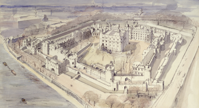 Tower of London c1270, (1990-2010). Aerial reconstruction drawing of Wakefield Tower & Watergate & Bell Tower c.1270. Near Wakefield Tower was a postern gate which allowed private access to the king's apartments and a water-gate provided access to the castle from the River Thames.