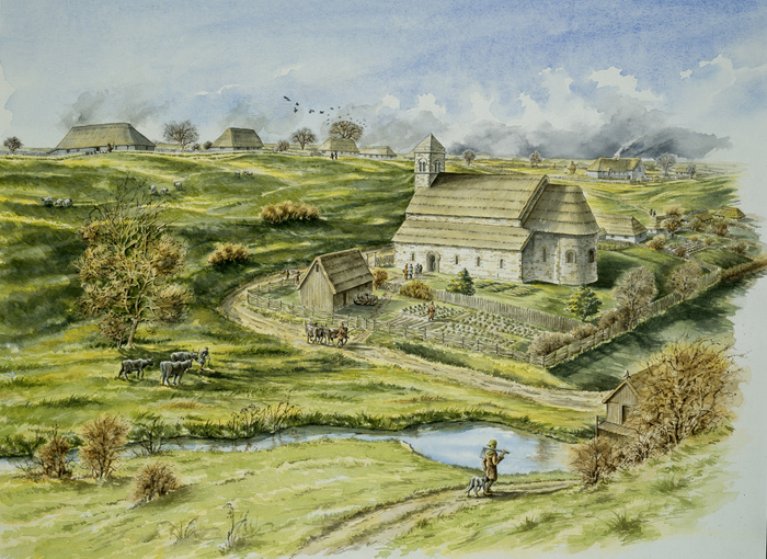 Wharram Percy Medieval Village, late 12th century, (c1990-2010). North Yorkshire. Reconstruction drawing of the Norman church and semicircular apse & vicarage to the south.  Flourished during the 12th and 14th centuries and was abandoned soon after 1500.