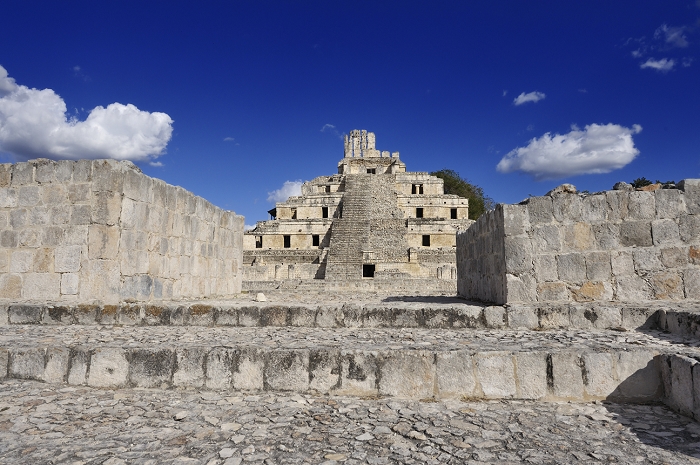 View over stairs to the Five-Storeyed Building (Edificio de los Cinco Pisos) at the Maya ruin site of Edzna, Yucatan, Mexico