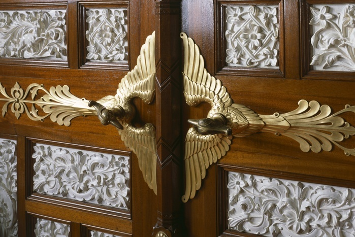 Interior detail, Osborne House, Isle of Wight, c2000s(?). Detail of one of the Durbar Room doors showing the handles in the shape of birds of paradise.