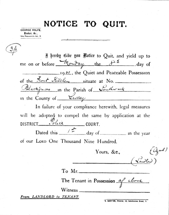 Notice to Quit, 1900 (1901). A letter of notice from a landlord to a tenant in Southwark. From Living London, Vol. 1, edited by George R. Sims. [Cassell and Company, Limited, London, Paris, New York & Melbourne, 1901]