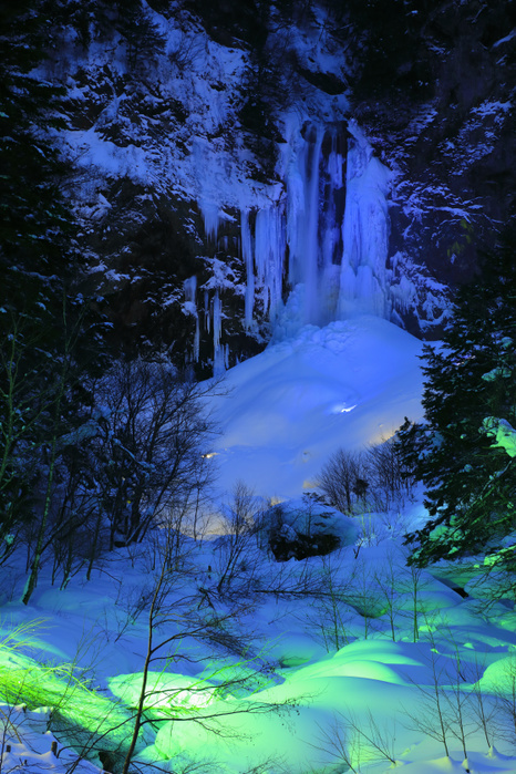 Gifu Prefecture Night view of Hirayu Great Falls lit up with icefalls