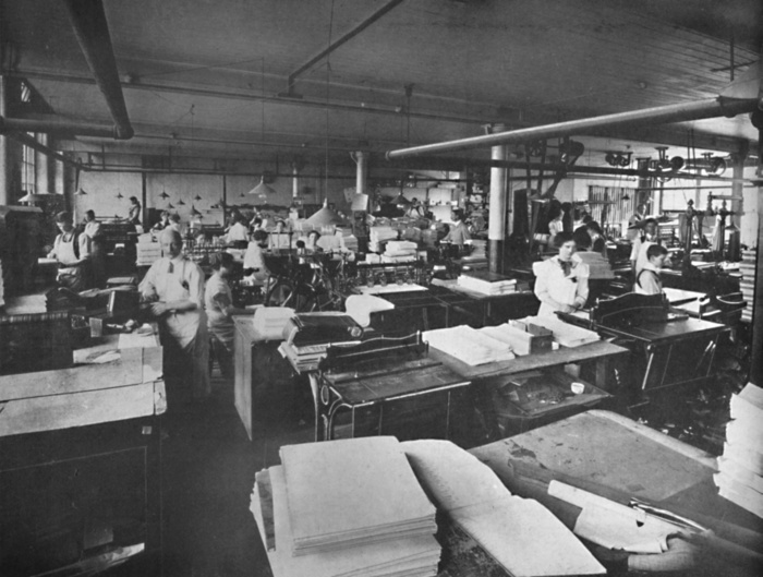 'View of Forwarding and Binding Room', 1919. Leicester Co-operative Printing Society Ltd.'s establishment. From The British Printer Vol. XXXII. [Raithby, Lawrence & Co., Ltd, London and Leicester, 1919]