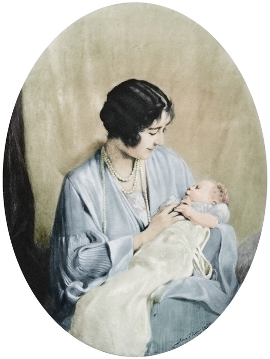 Queen Elizabeth with Princess Elizabeth in 1926,  1937 . Queen Elizabeth with Princess Elizabeth in 1926,  1937 . The future Queen Elizabeth II with her mother  1900 2002 . A print from the Illustrated London News: Coronation Record Number,  London, 1937 .  Colorised black and white print .