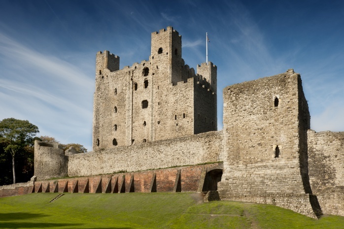 Rochester Castle, Kent, 2010. View showing the curtain wall, mural tower, drum tower and the keep from the east.