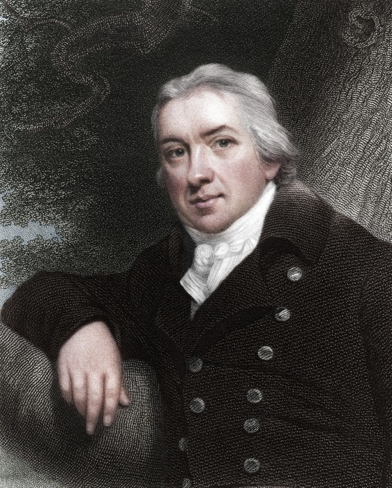 Edward Jenner. Edward Jenner, English physician, 1837. Edward Jenner  1749 1823  practiced as a country doctor in his native Gloucestershire. He noted immunity to smallpox was given by cow pox. In 1796 he vaccinated James Phipps a number of times with pus from cow pox pustules on a dairy maid. He then inoculated him with smallpox. The boy was ill for a few days, then recovered. From The Gallery of Portraits by Charles Knight.  London, 1837 .  Colorised black and white print .