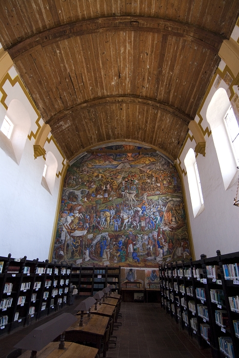 Mexico, Michoacan, Patzcuaro, Biblioteca (library) Gertrudis Bocanegra, mural on back wall painted by Juan O'Gorman.