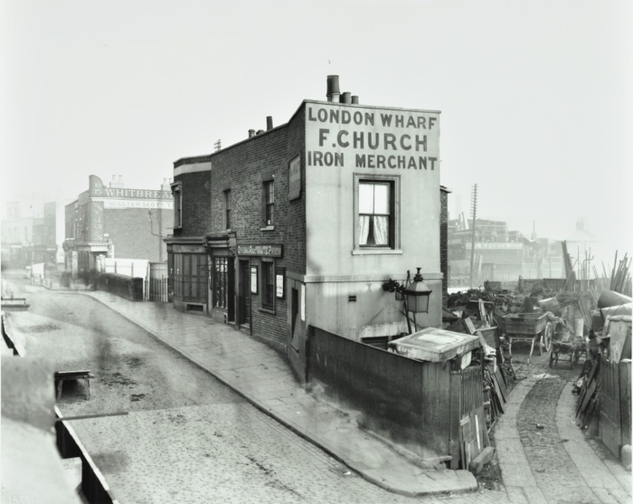 Scrapyard by Cat and Mutton Bridge, Pritchards Road, Shoreditch, London, January 1903. F Church iron merchant's establishment near the Grand Union Canal, with scrap metal in the yard.