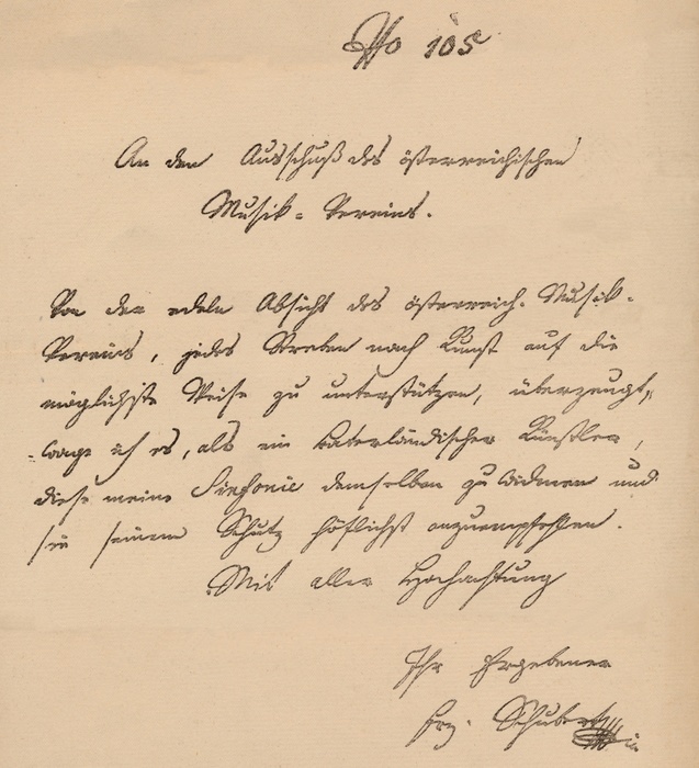 Letter from Franz Schubert forwarding the score of his Symphony in C Sharp to the Austrian Musical Union, c1820.