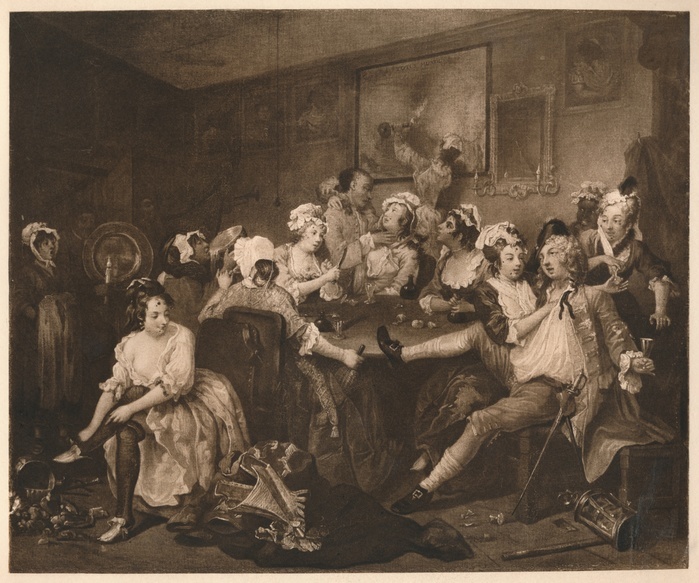 'A Rake's Progress - 3: The The Orgy', 1733. Tom Rakewell is in the Rose Tavern, on Drury Lane, London, being relieved of his pocket watch by two women. Behind them a group of figures sit at a table drinking, whilst a woman disrobes in the foreground. To the right a waiter enters with a street singer. From William Hogarth, by Austin Dobson. [Hachette Et Cie, Paris, 1904]