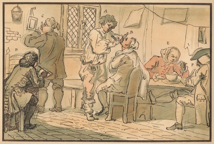 'Breakfast scene from 'The Five Days Peregrination'', 1732. This series is an account of a tour of the Kent Coast made by William Hogarth and four friends in May 1732. The four were Samuel Scott (marine painter), John Thornhill (Hogarth's brother in law), Ebenezer Forrest (lawyer) and William Tothall (woollen draper). From William Hogarth, by Austin Dobson. [Hachette Et Cie, Paris, 1904]