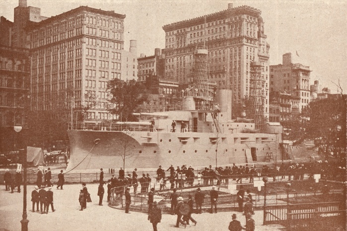 Recruiting for the United States Navy, c1917 (1919). USS 'Recruit', also known as the Landship Recruit, was a wooden mockup of a dreadnought battleship constructed by the US Navy in Manhattan, New York City, as a recruiting tool and training ship during the First World War. Commissioned as if it were a normal vessel of the US Navy and manned by a trainee sailors, 'Recruit' was located in Union Square from 1917 until 1920. From The Wonder Book of the Navy for Boys and Girls, by Harry Golding. [Ward, Lock & Co., Limited, London, Melbourne and Toronto, 1919]