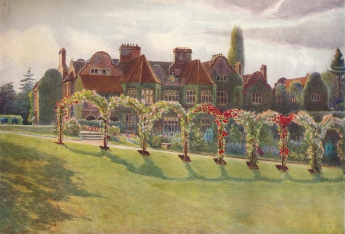 'Milton Court', 1912, (1914). Milton Court, Dorking, Surrey, is a 16th century country estate. Originally a priory, the estate was granted to George Evelyn, father of the diarist John Evelyn (1620-1706). In the 19th century, it was bought by Lachlan Mackintosh Rate, a wealthy lawyer, banker and philanthropist, who employed William Burges (1827-1881) to substantially remodel the building, in an ornate Jacobean style. Burges adding a further twenty rooms. Milton court is a Grade II* Listed Building. From A Pilgrimage In Surrey, Vol. 2, by James S. Ogilvy. [George Routledge & Sons Limited, London, 1914]