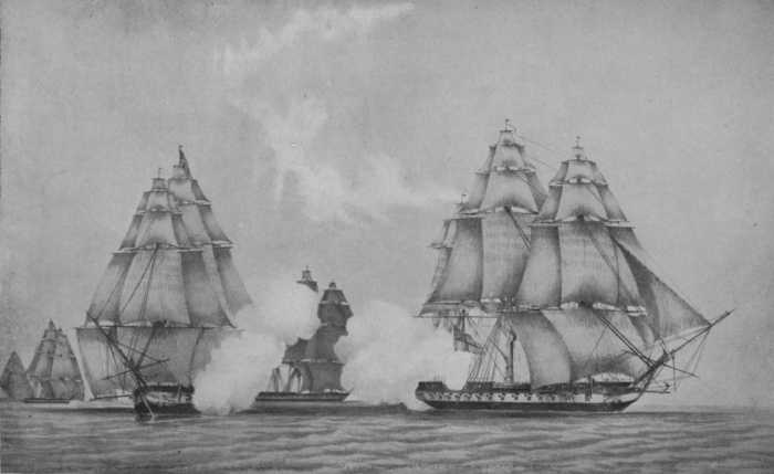 'The Escape of the Belvedera, c1813, (1924). The British frigate HMS 'Belvidera' encountered three American heavy frigates, USS 'President', USS 'Constitution' and USS 'United States', early in the War of 1812. The British were unaware that war had been declared and escaped after an exchange of fire begun by the American ships. From Old Naval Prints, by Charles N. Robinson & Geoffrey Holme. [The Studio Limited, London, 1924]