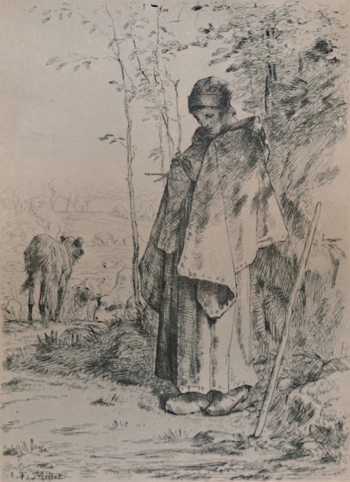 'The Shepherdess', 1862, (1946). Print after Millet's painting 'The Knitting Shepherdess' of 1856, also known as 'Shepherdess Seated on a Rock', 'The Knitter' or 'Shepherdess Knitting'. From The Etchings of the French Impressionists and Their Contemporaries, by Edward T. Chase. [The Hyperion Press, Paris, 1946]