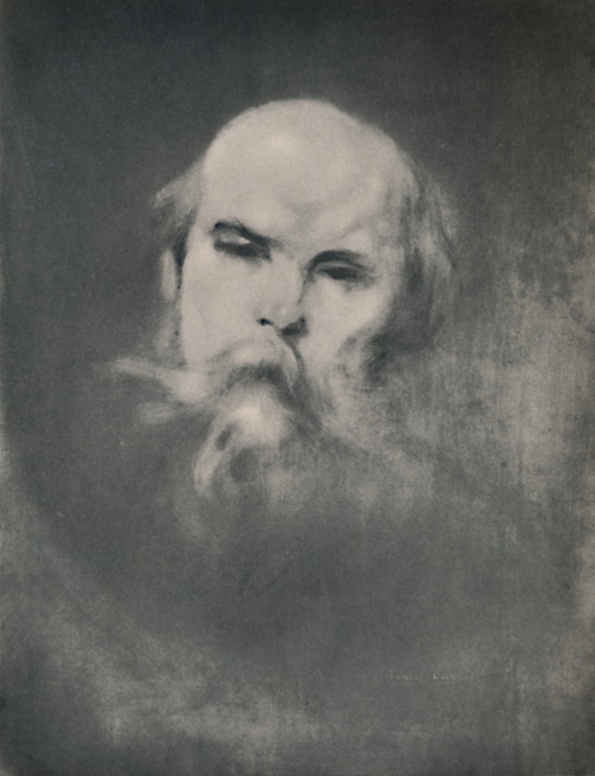 'Paul Verlaine', c.1891, (1946). Portrait print of Paul Verlaine (1844-1896) after CarriÞre's painting of 1891. Verlaine was a French poet associated with the Decadent movement. He is considered one of the greatest representatives of the fin de siÞcle in international and French poetry. From The Etchings of the French Impressionists and Their Contemporaries, by Edward T. Chase. [The Hyperion Press, Paris, 1946]