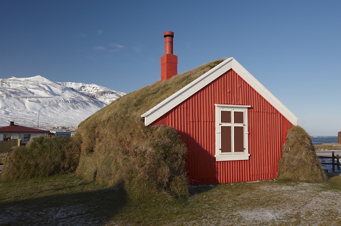 Iceland Lindarbakki turf house at Bakkagerdi, Borgarfjordur Eystri, East Fjords area, Iceland, Polar Regions