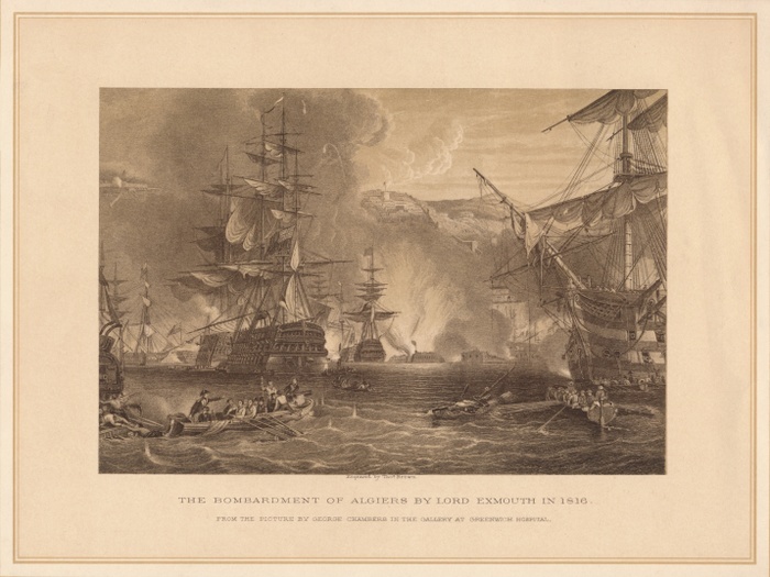 ''The Bombardment of Algiers by Lord Exmouth in 1816', (1878). After George Hyde Chambers (1803-1840). From Pictures and Royal Portraits Illustrative of English and Scottish History, by Thomas Archer. [Blackie & Son, London, Glasgow & Edinburgh, 1878]