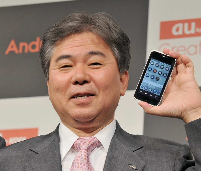 Smartphone from KDDI ISO3  with Android October 4, 2010, Tokyo, Japan   Masami Ohbatake, general manager, Information and Communication Systems Business of Sharp, presents the ISO3, an Android based  mobile wallet  high definition smartphone, during a news conference in Tokyo on Monday, October 4, 2010.  s au network, the ISO3 has a double 3.5 inch VGA LCD multi touch screen with a 960 x 640 pixel resolution, making it akin to the iPhone 4. smartphone, featuring a host of functions familiar to Japanese users including electronic money and One Seg television reception, will be available at the  Photo by Keizo Mori AFLO   3620   mis 