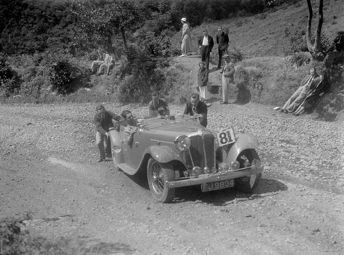SS 1934 Vehicle Reg. No.  FJ9834.  Event Entry No: 81. Open 2-seater. Place: Beggars Roost  North Devon.  Mid-Surrey A.C. Barnstaple Trial. Date: 3/4.8.34.