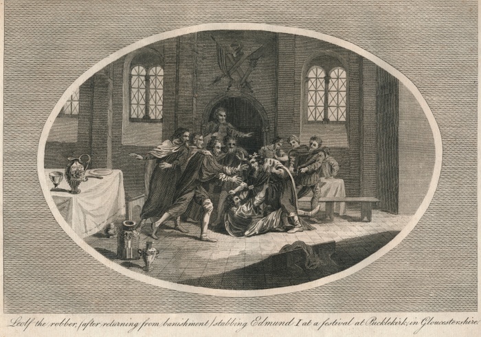 Leofa the robber (after returning from banishment) stabbing Edmund I at a festival at Pucklekirk in Gloucestershire, 946 (1793). From Ashburton's History of England, by Charles Alfred Ashburton. [W. & J. Stratford, High Holborn, London, 1793]