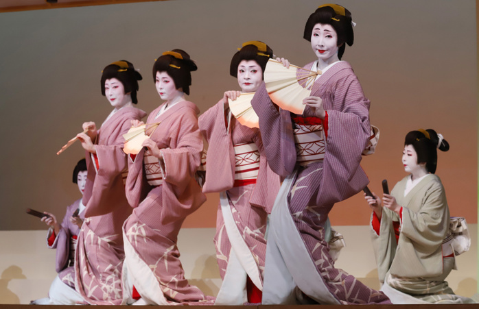 Geisha perform traditional dances at their dress rehearsal for the Azuma Odori dance performance May 22, 2019, Tokyo, Japan   Japan s geisha perform Japanese traditional dances and dramas for the 95th annual Azuma Odori dance performance at their dress rehearsal at the Shimbashi Enbujo theatre in Tokyo on Wednesday, May 22, 2019. Geisha will perform four day, 10 performances from May 23 through 26.     Photo by Yoshio Tsunoda AFLO 