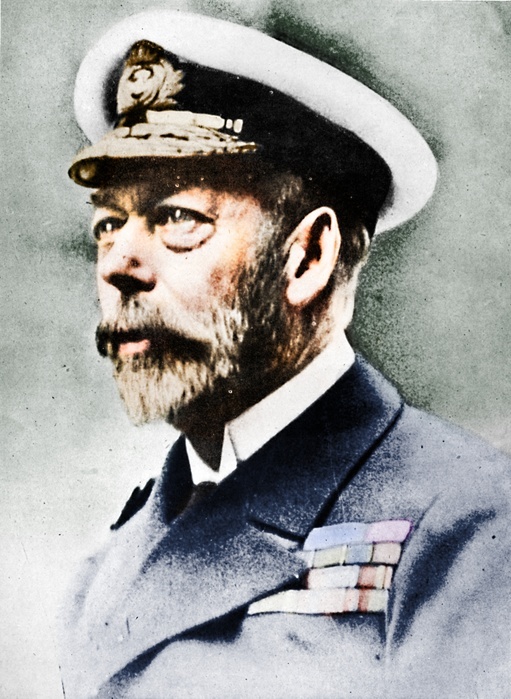 'George V, King of the United Kingdom from 1910', c1936, (1945). George (1865-1936) succeeded his father, Edward VII, as king. He changed the name of the Royal Family from the House of Saxe-Coborg and Gotha to the House of Windsor in 1917 as anti-German sentiment increased during World War I. From Winston Churchill: His Life in Pictures, by Ben Tucker. [Sagall Press, Ltd., London, 1945]. (Colorised black and white print).