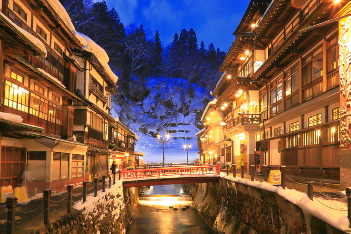Yamagata Prefecture A winter evening view of Ginzan Onsen