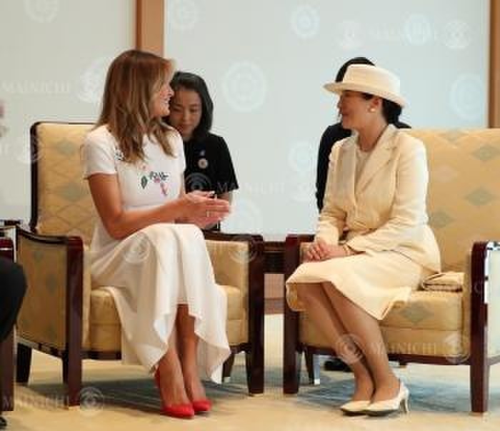 U.S. President Trump Visits Japan and Meets with Emperor and Empress Empress Masako meets with U.S. First Lady Melania at the Bamboo Room of the Imperial Palace, May 27, 2019.