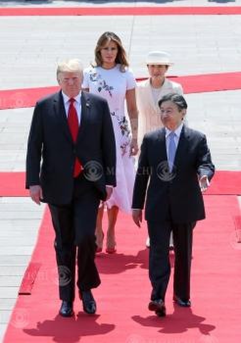 Their Majesties the Emperor and Empress at the welcoming ceremony for U.S. President Trump  foreground, left  Their Majesties the Emperor and Empress welcome U.S. President Donald Trump  foreground, left  at the East Garden of the Imperial Palace on May 27, 2019.