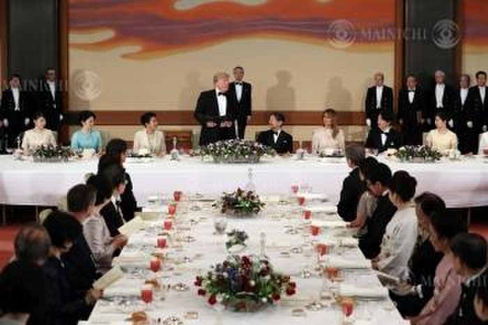 U.S. President Trump  center  addressing the Imperial Court Dinner, and Their Majesties the Emperor and Empress, Prince and Princess Akishino, listening to his greeting. U.S. President Trump  center , Emperor Akihito, Empress Akihito, and Princess Akishino listen to President Trump s address at the Imperial Evening Reception at the Imperial Palace, May 27, 2019  photo by Masahiro Ogawa .