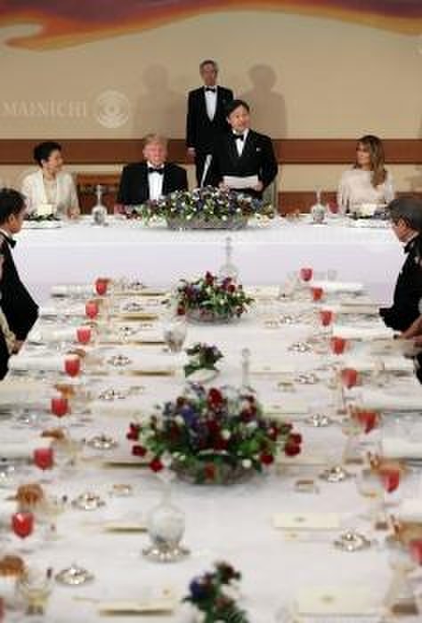 Emperor Akihito addressing U.S. President Trump and his wife at the Imperial Court banquet to welcome them. Emperor Akihito greets U.S. President Donald Trump and his wife at the Imperial banquet welcoming him and his wife, May 27, 2019, at Toyomeiden, the Imperial Palace.