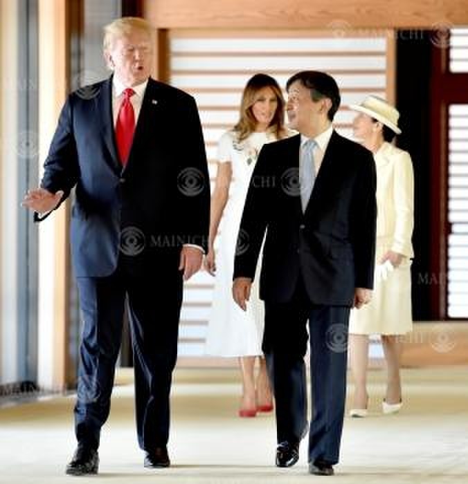 Their Majesties the Emperor and Empress of Japan and U.S. President Trump and his wife walk down the corridor after the welcoming ceremony. Their Majesties the Emperor and Empress of Japan and U.S. President Donald Trump and his wife walk down a corridor after a welcoming ceremony at the Imperial Palace, May 27, 2019.