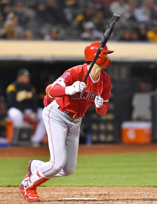 2019 MLB Los Angeles Angels designated hitter Shohei Ohtani hits a two run single in the ninth inning during the Major League Baseball game against the Oakland Athletics at Oakland Coliseum in Oakland, California, United States, May 28, 2019.  Photo by AFLO 