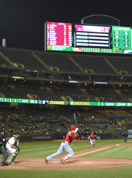 2019 MLB Los Angeles Angels designated hitter Shohei Ohtani hits a two run single in the ninth inning during the Major League Baseball game against the Oakland Athletics at Oakland Coliseum in Oakland, California, United States, May 28, 2019.  Photo by AFLO 