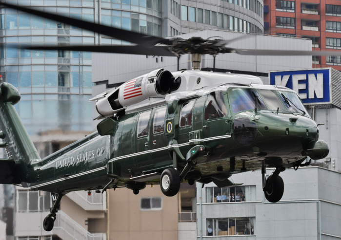 U.S. President Donald Trump visit to Japan U.S. President Donald Trump and First Lady Melania aboard Marine One  VH 60N White Hawk  leaves from the Akasaka Press Center in Tokyo, Japan on May 28, 2019.  Photo by AFLO 