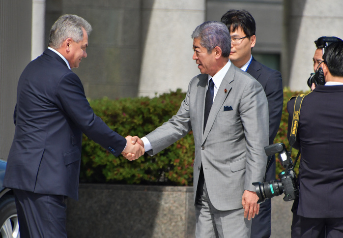 Japan and Russia Defence Minister meeting in Tokyo Russia s Defence Minister Sergei Shoigu  L  shakes hands with Japan s Defence Minister Takeshi Iwaya prior to their talks at the Defence Ministry in Tokyo, Japan on May 30, 2019.  Photo by AFLO 