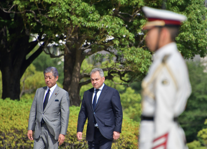 Japan and Russia Defence Minister meeting in Tokyo Russia s Defence Minister Sergei Shoigu  C  reviews an honor guard with Japan s Defence Minister Takeshi Iwaya prior the meeting at the Defence Ministry in Tokyo, Japan on May 30, 2019.  Photo by AFLO 