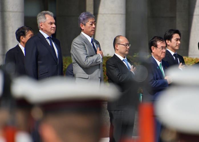 Japan and Russia Defence Minister meeting in Tokyo Russia s Defence Minister Sergei Shoigu  L  reviews an honor guard with Japan s Defence Minister Takeshi Iwaya prior the meeting at the Defence Ministry in Tokyo, Japan on May 30, 2019.  Photo by AFLO 